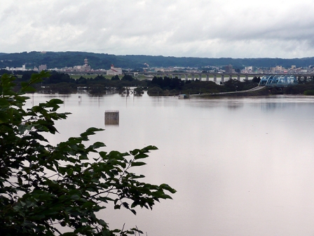 北上川が増水し、大量の水が流れ込んだ一関遊水地（9月18日午後2時ごろ、舞川地内から）