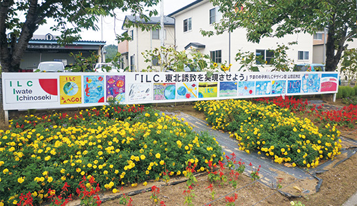 Posters printed on a signboard in the ILC-themed garden