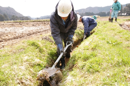 スコップで水路の泥上げ作業を行う参加者