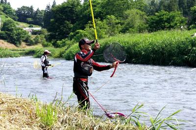 アユ釣りを満喫する釣り客（大東町摺沢流矢付近）