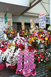 スタジオ前に飾られた開局を祝うお祝いの花々