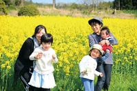 菜の花を見に訪れた家族は、右が小野寺陽子さん、陽翔君（4カ月）と真純ちゃん。
