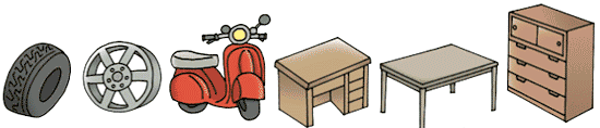 例：タイヤ、ホイール、バイク（50cc未満）、机、テーブル、たんす