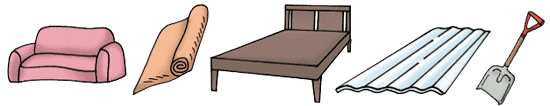 例：ソファー（スプリング入りを除く）、じゅうたん、ベッド、トタン、スコップ