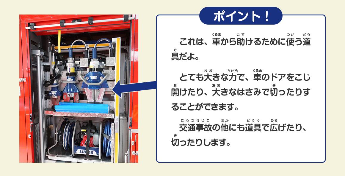 これは、車から助けるために使う道具だよ。とても大きな力で、車のドアをこじ開けたり、大きなはさみで切ったりすることができます。交通事故の他にも道具で広げたり、切ったりします。