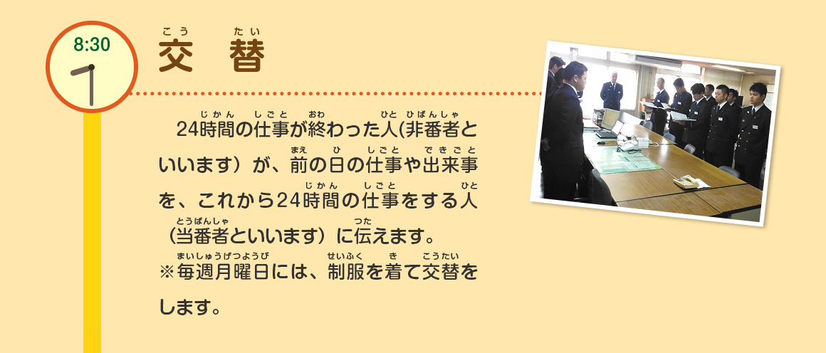 8:30/交替/24時間の仕事が終わった人(非番者といいます）が、前の日の仕事や出来事を、これから24時間の仕事をする人（当番者といいます）に伝えます。※毎週月曜日には、制服を着て交替をします。