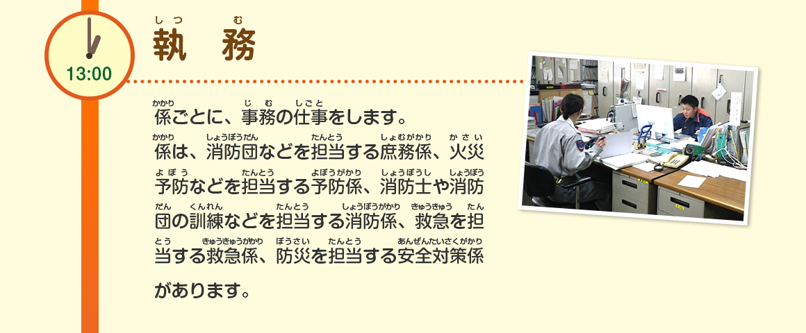 13:00/執務/係ごとに、事務の仕事をします。係は、消防団などを担当する庶務係、火災予防などを担当する予防係、消防士や消防団の訓練などを担当する消防係、救急を担当する救急係、防災を担当する安全対策係があります。