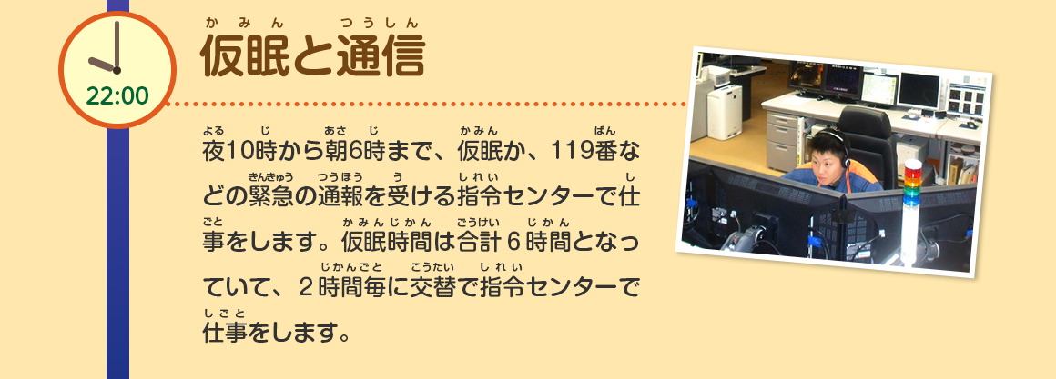 22:00/仮眠と通信/夜10時から朝6時まで、仮眠か、119番などの緊急の通報を受ける指令センターで仕事をします。仮眠時間は合計６時間となっていて、２時間毎に交替で指令センターで仕事をします。