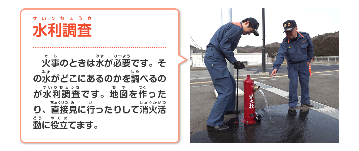 水利調査（火事のときは水が必要です。その水がどこにあるのかを調べるのが水利調査です。地図を作ったり、直接見に行ったりして消火活動に役立てます。）