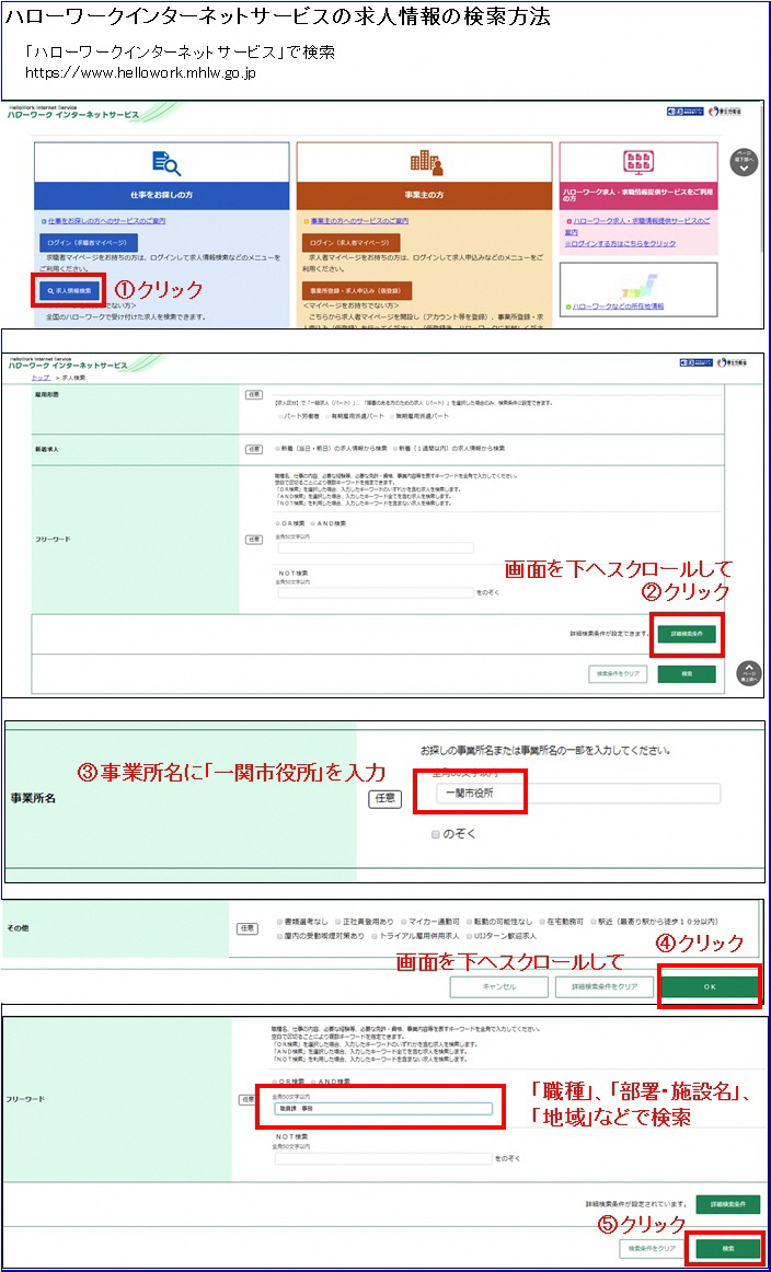 ハローワークインターネットサービスの求人情報の検索方法